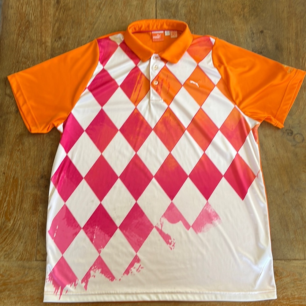 PUMA Rickie Fowler Orange Argyle Golf Polo Shirt Snowcreek XL Extra Large